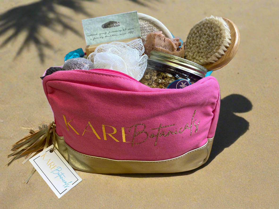 Cosmetic Essential Luxury Travel Pink Gift Bag Set By Kare Botanicals