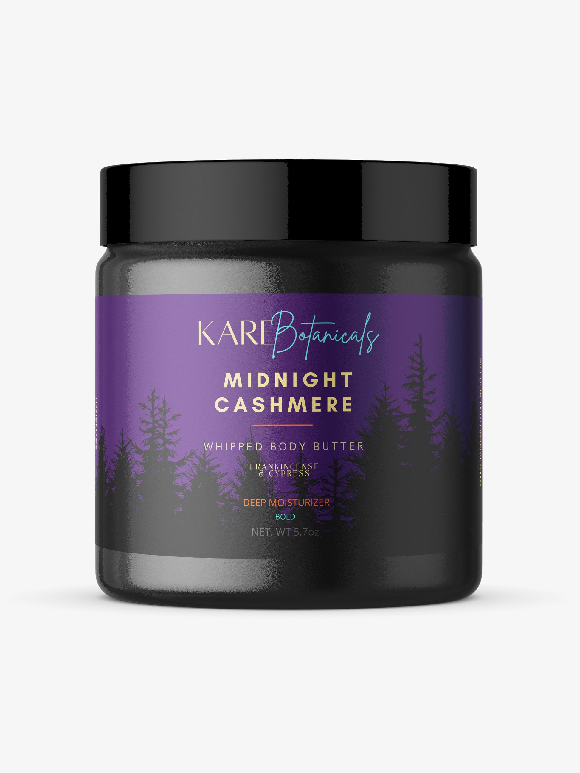 Kare Botanicals Midnight Cashmere whipped body butter for men/neutral. Deep moisturizing, scented body lotion with  frankincense and cypress essential oils. Palm-oil free. Made with shea butter, mango butter and coconut oil.  Has a luxurious woodsy with vanilla under tone fragrance. 