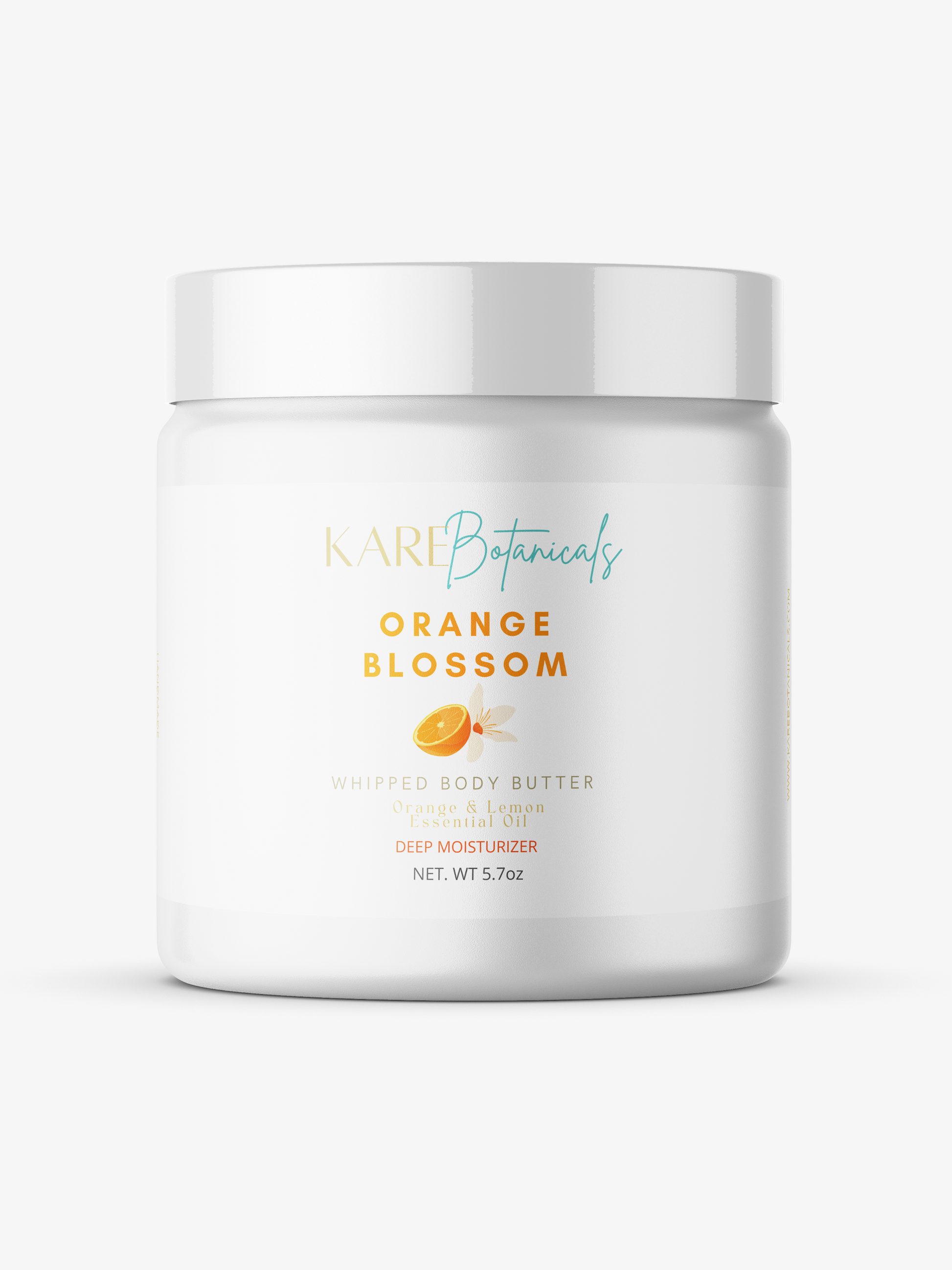 Kare Botanicals Orange Blossom whipped body butter for all/neutral. Deep moisturizing, scented body lotion with organic orange and organic lemon essential oils. Palm-oil free. Made with shea butter, mango butter and coconut oil. Has a luxurious citrus fragrance.