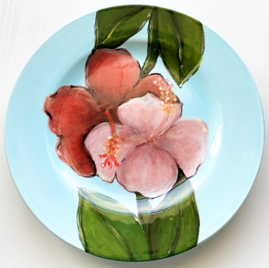 Handmade Ceramic Tropical Hibiscus and Toucan Dinner Plates, Set of 2
